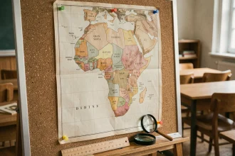 Grande carte politique de l'Afrique affichée sur un tableau en liège avec des repères colorés indiquant les pays les plus vastes du continent