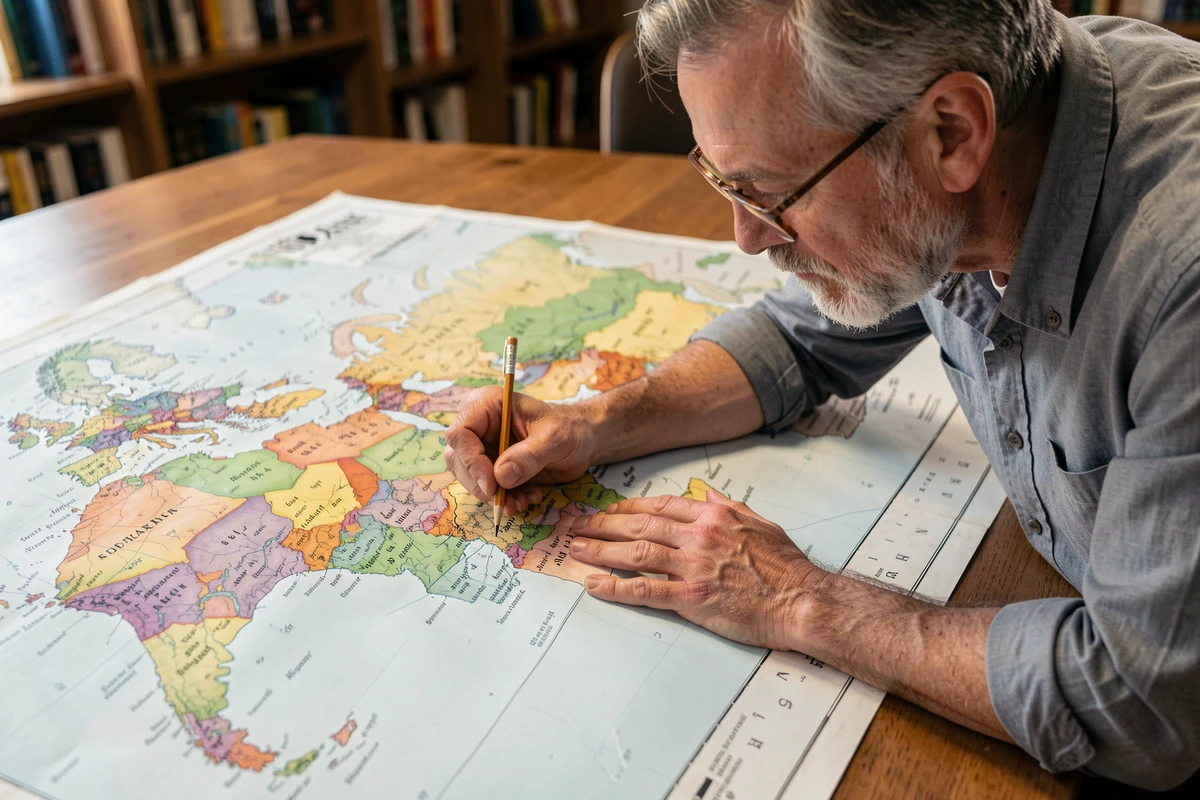 Cartographe analysant une carte mondiale annotée avec des données démographiques par région, illustrant les écarts de population entre pays