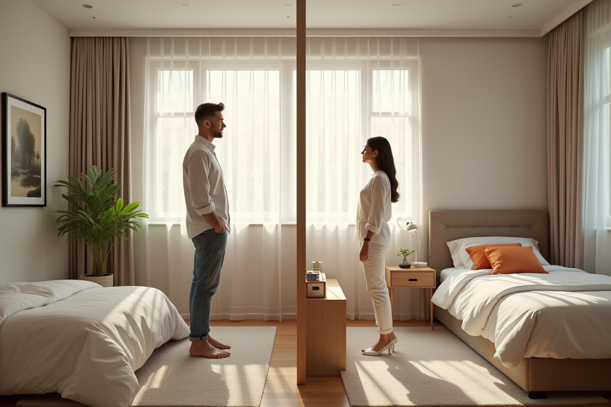 Couple dans chambre divisée au matin avec lumière naturelle