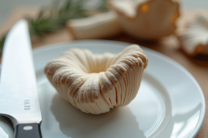 Chanterelle grise fraîche sur assiette avec couteau