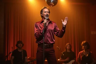 Chanteur rétro années 70 sur scène dans un club vintage avec costume à col patte d'eph et boule à facettes