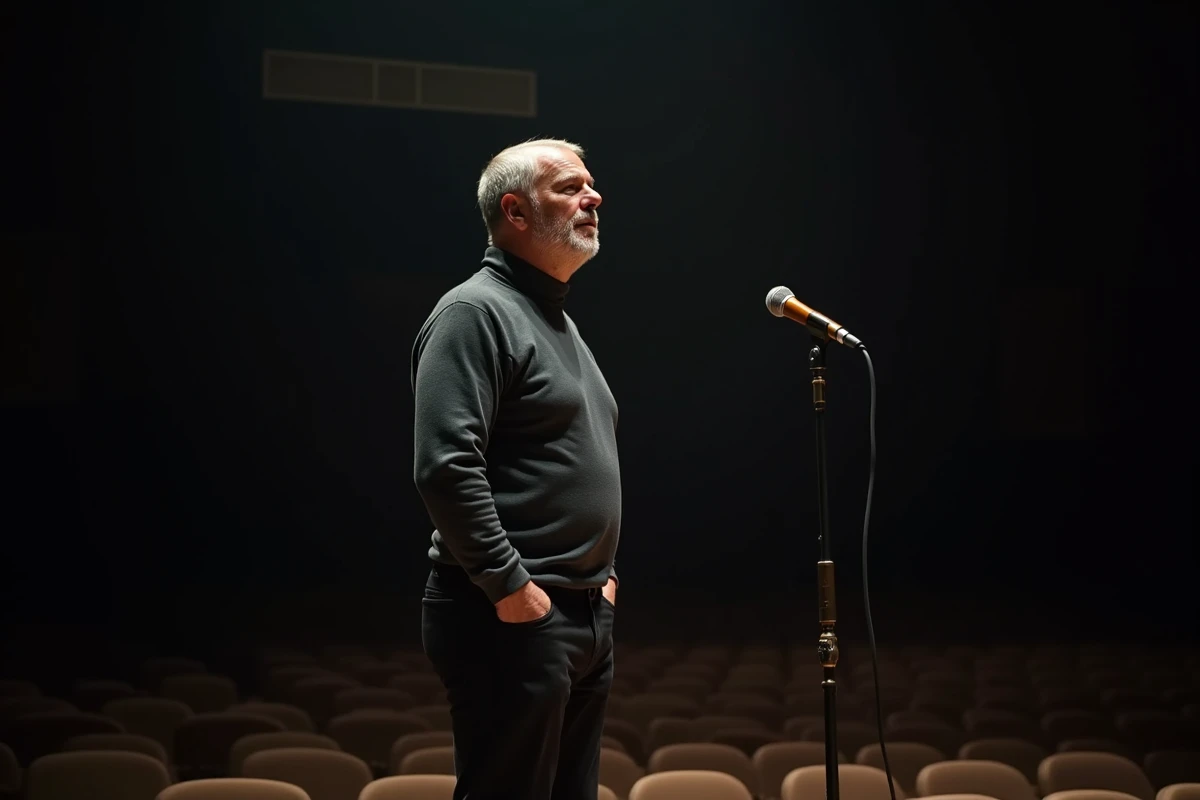 Chanteur français sur scène avec microphone vintage, silhouette élancée et cheveux argentés
