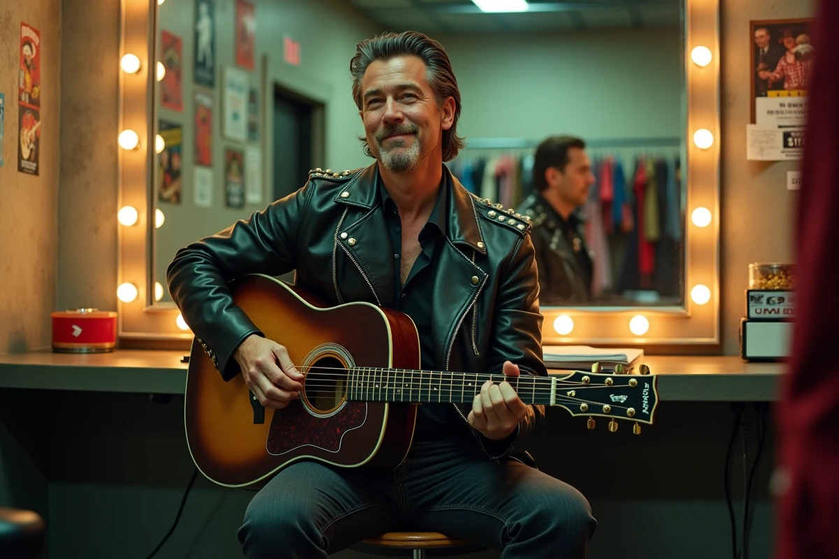 Musicien rock années 80 en coulisses avec veste en cuir clouté et guitare acoustique dans une loge vintage
