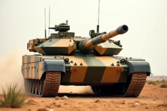 Char Leclerc de l'armée française sur terrain sablonneux, vue trois-quarts avant montrant l'armure composite et le canon de 120mm