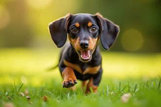 Chiot dachshund tacheté courant dans l'herbe ensoleillée