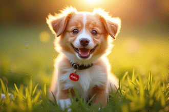 Chiot joyeux Vicky en plein soleil doré