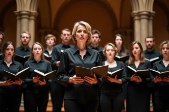 Chorale alsacienne interprétant La Strasbourgeoise dans une salle de concert historique de Strasbourg