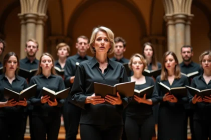 Chorale alsacienne interprétant La Strasbourgeoise dans une salle de concert historique de Strasbourg