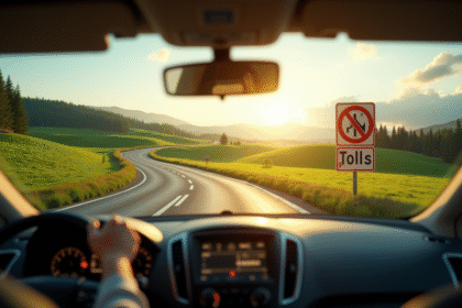 Vue matinale à travers le pare-brise d'une voiture sur une route de campagne