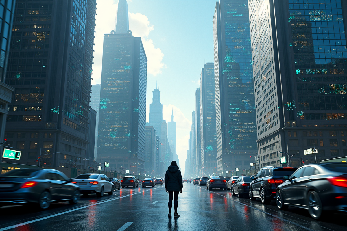 Une ville futuriste avec robots et flux de données numériques