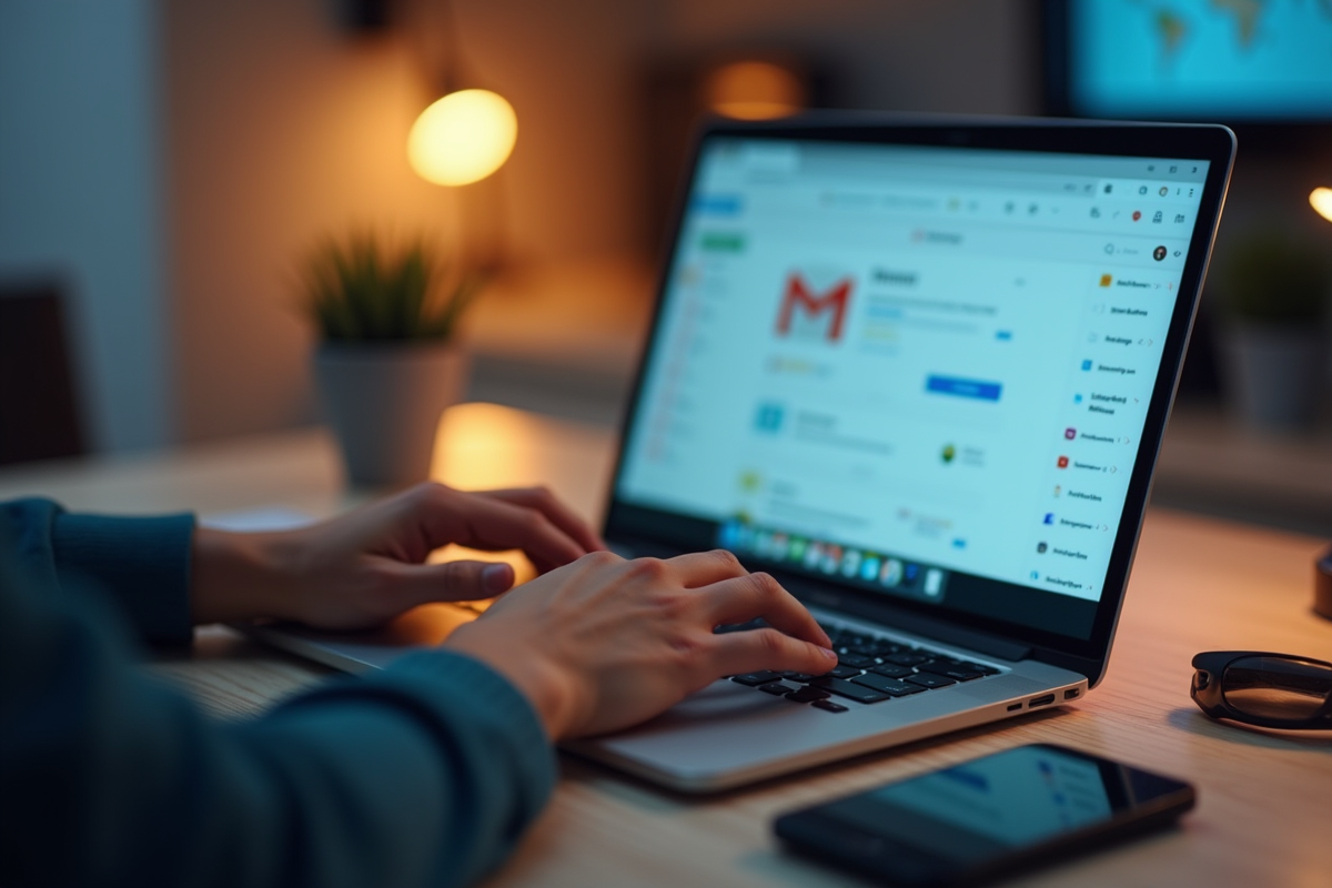 Mains tapant sur un clavier avec vue sur la messagerie webmail
