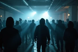 Foule de fêtards dans un club techno souterrain de Paris avec plafond en béton brut et ambiance warehouse
