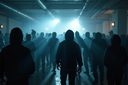 Foule de fêtards dans un club techno souterrain de Paris avec plafond en béton brut et ambiance warehouse