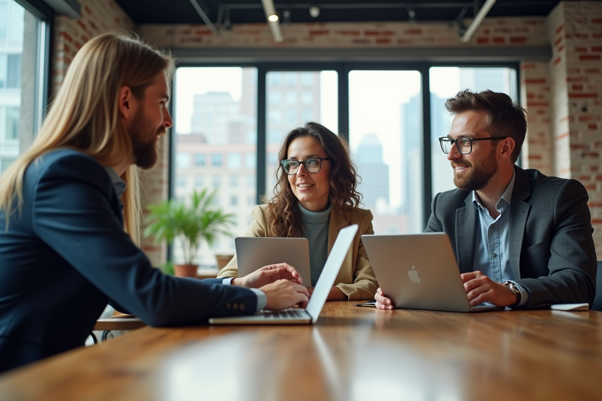 Trois professionnels en discussion dans un espace de coworking lumineux