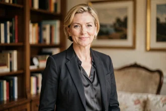 Portrait d'une femme comédienne française élégante dans un appartement parisien raffiné