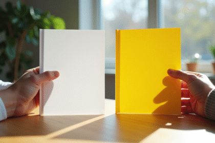 Deux mains comparant annuaires téléphoniques blanc et jaune sur bureau
