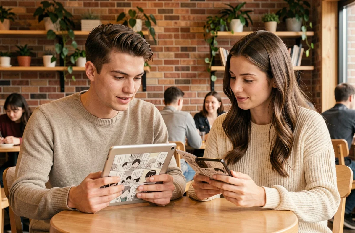 Deux jeunes adultes comparant la lecture de scans manga Solo Leveling VF sur tablette et smartphone dans un café moderne
