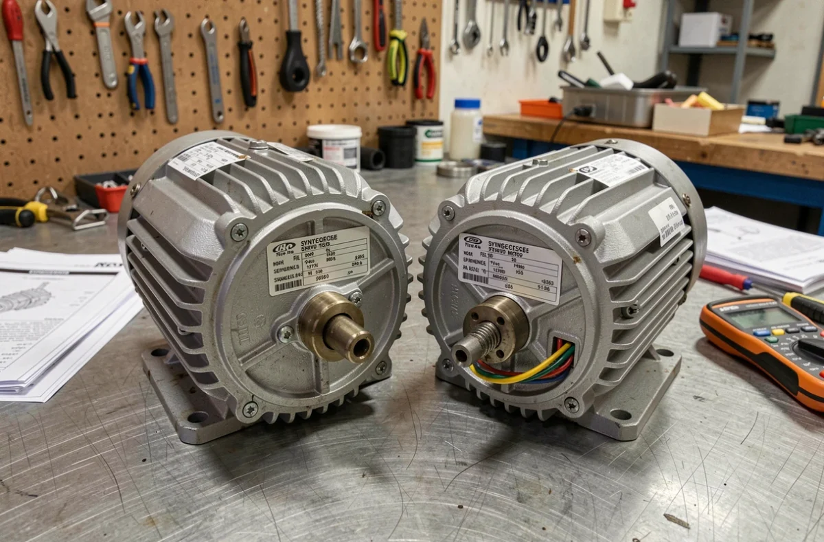 Comparaison côte à côte d'un moteur synchrone et d'un moteur asynchrone sur un établi d'atelier industriel