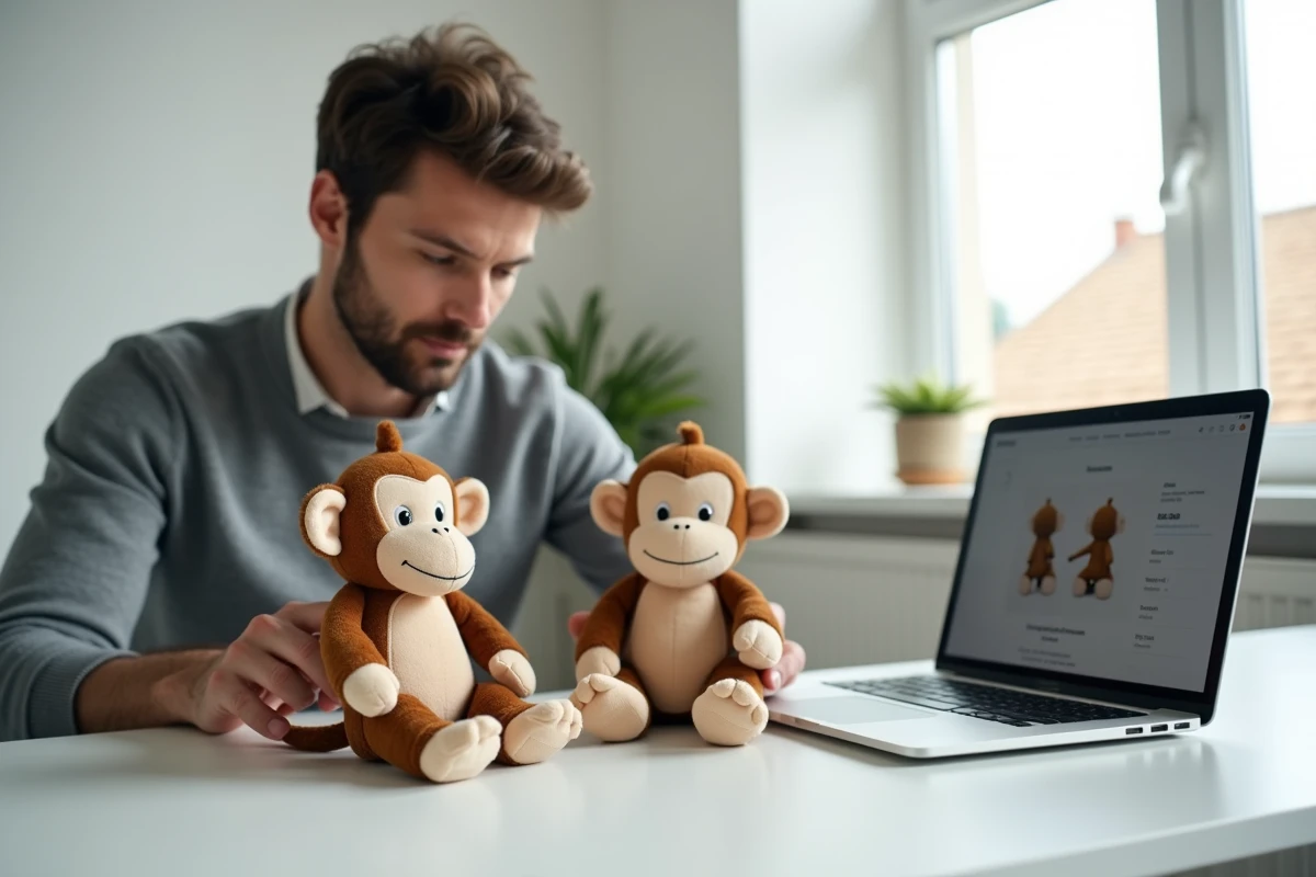 Comparaison entre une peluche officielle Abu Disney Aladdin et une contrefaçon côte à côte sur une table d'examen