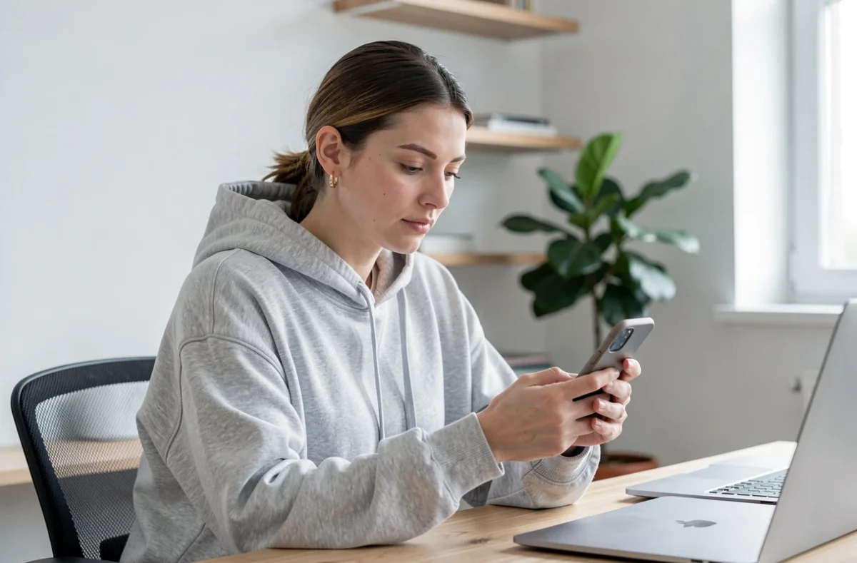 Femme chez elle consultant son téléphone pour gérer la confidentialité de ses messages SMS