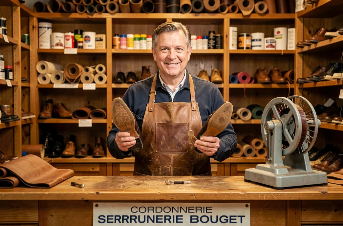 Artisan de la Cordonnerie Serrurerie Bouget derrière son comptoir avec une chaussure réparée et une clé copiée