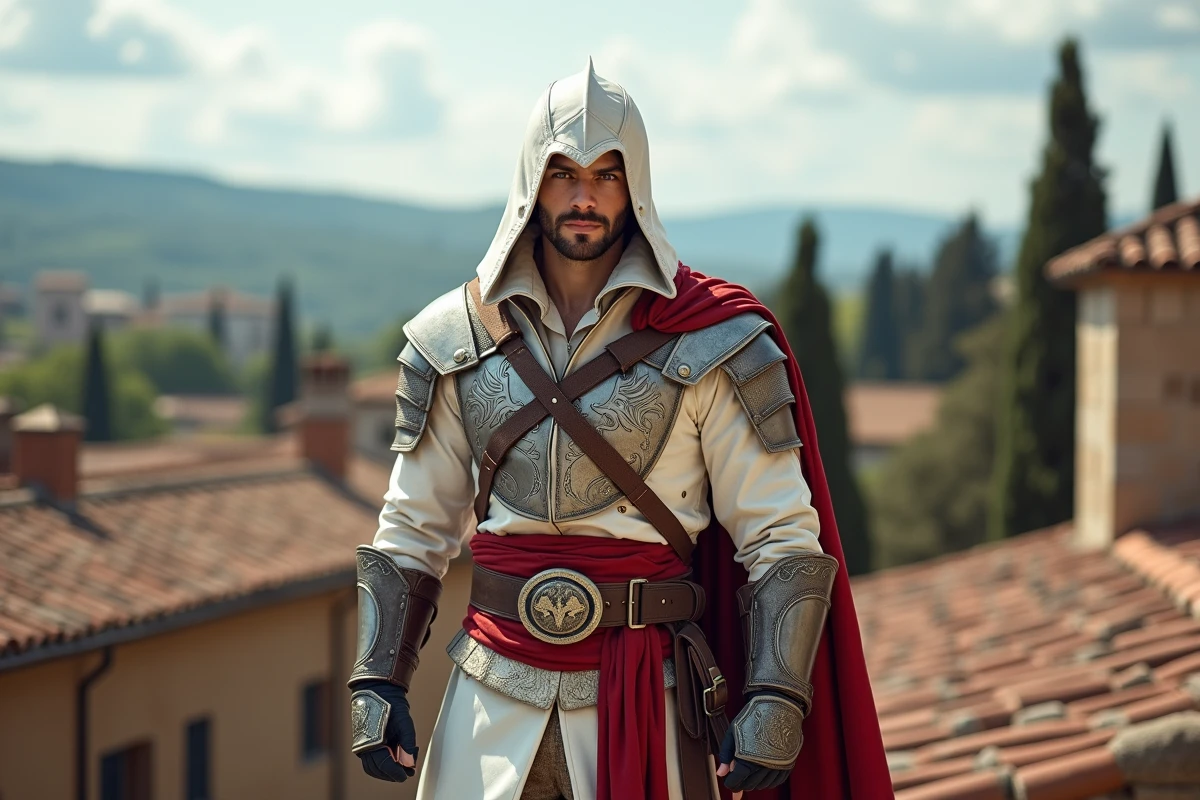 Cosplayeur en tenue d'Assassin Renaissance sur un toit toscan, inspiré du personnage Ezio Auditore de la saga Assassin's Creed