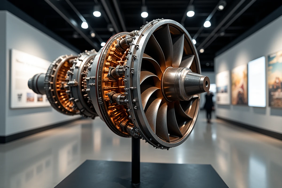 Coupe transversale d'un réacteur d'avion exposant la chambre de combustion et les aubes de turbine dans un musée aéronautique