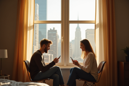 Couple souriant dans deux appartements modernes lumineux
