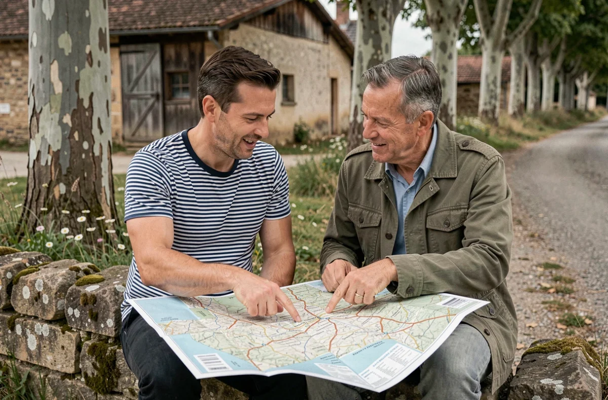 Couple consultant ensemble une carte routière des appellations Armagnac assis sur un muret en pierre en Gascogne, avec une distillerie traditionnelle en arrière-plan