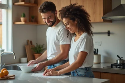 Jeune couple en cuisine lavant et essuyant la vaisselle
