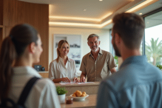Couple souriant à la réception d'un hôtel moderne