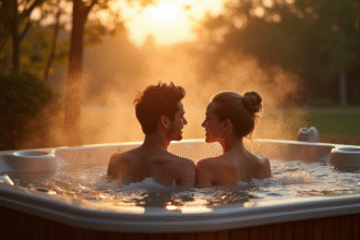 Couple romantique dans un jacuzzi extérieur en nature