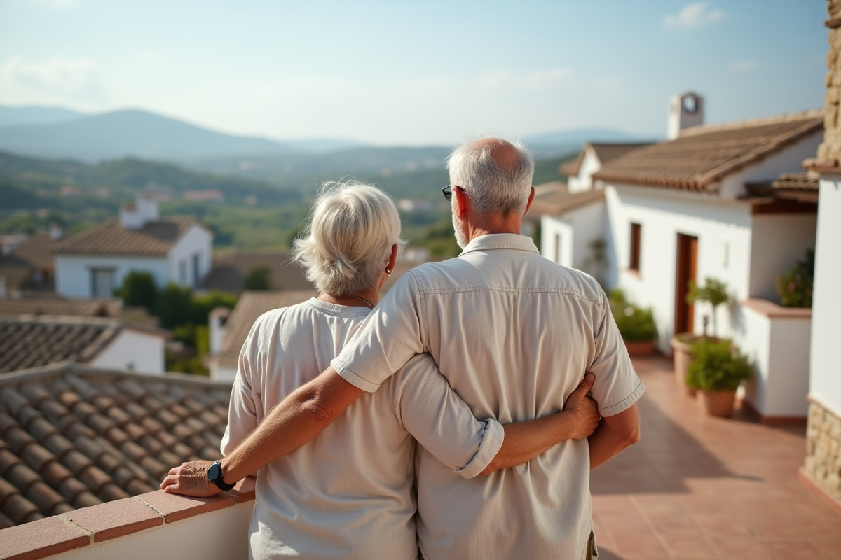 Couple retraité regardant un village espagnol depuis une terrasse