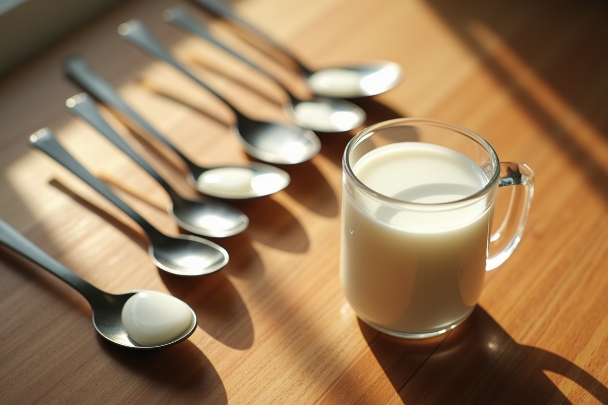 Cuillères remplies de lait sur table en bois au matin