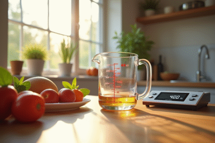 Verseuse de cuisine avec ingrédients et balance lumineuse