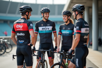 Groupe de cyclistes professionnels devant un vélodrome moderne