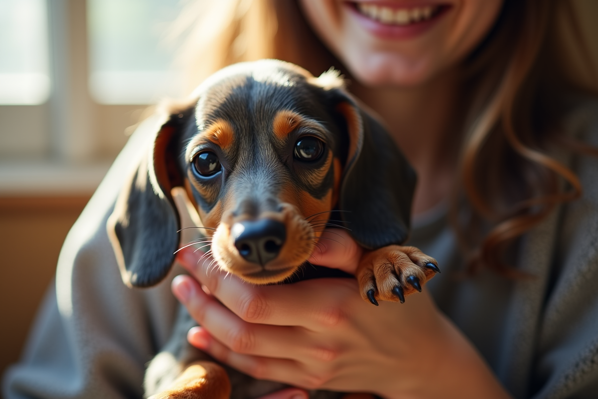 Petit dachshund câliné par une personne souriante à l