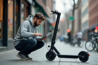 Homme accroupi en train de connecter un câble diagnostic à une trottinette électrique noire sur un trottoir urbain