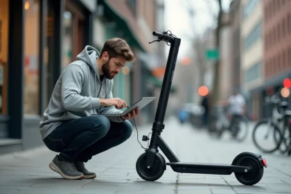Homme accroupi en train de connecter un câble diagnostic à une trottinette électrique noire sur un trottoir urbain