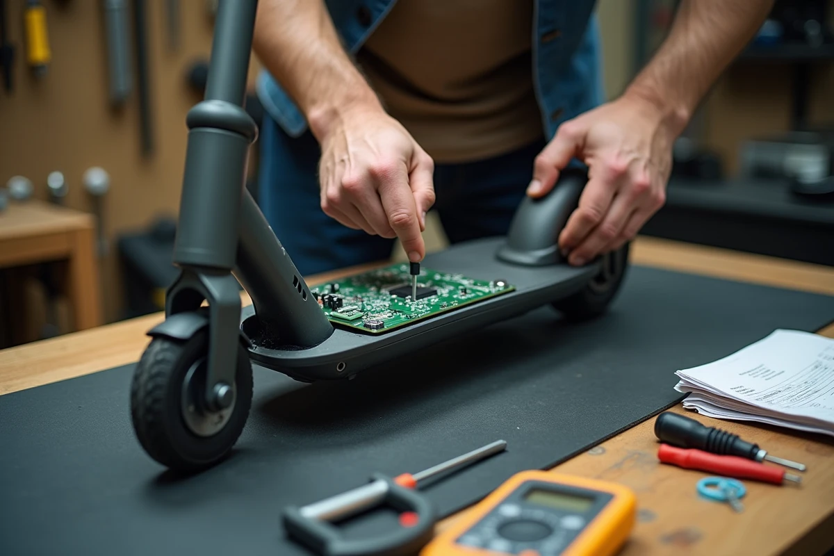 Gros plan sur des mains masculines ajustant le contrôleur interne d'une trottinette électrique démontée sur un établi de garage