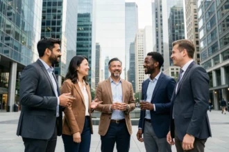 Groupe de personnes de différentes origines ethniques réunies dans une place urbaine moderne symbolisant la diversité de la population mondiale