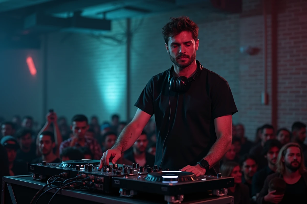 DJ en performance dans une salle de club techno parisien avec décor industriel et mur en briques apparentes
