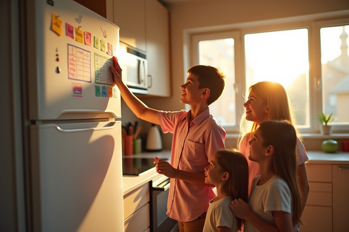 Parent plaçant un tableau de règles coloré sur le frigo avec des enfants souriants