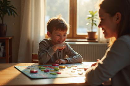 Enfant de 7 ans joue avec des jeux de société dans un salon