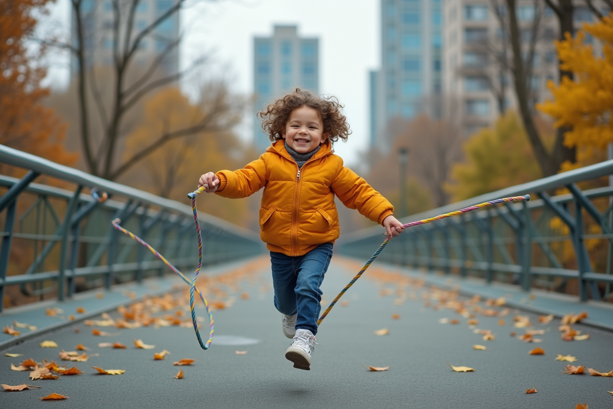 Enfant souriant sautant à la corde dans un parc urbain