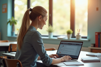 Enseignant assis à un bureau lumineux avec un ordinateur portable