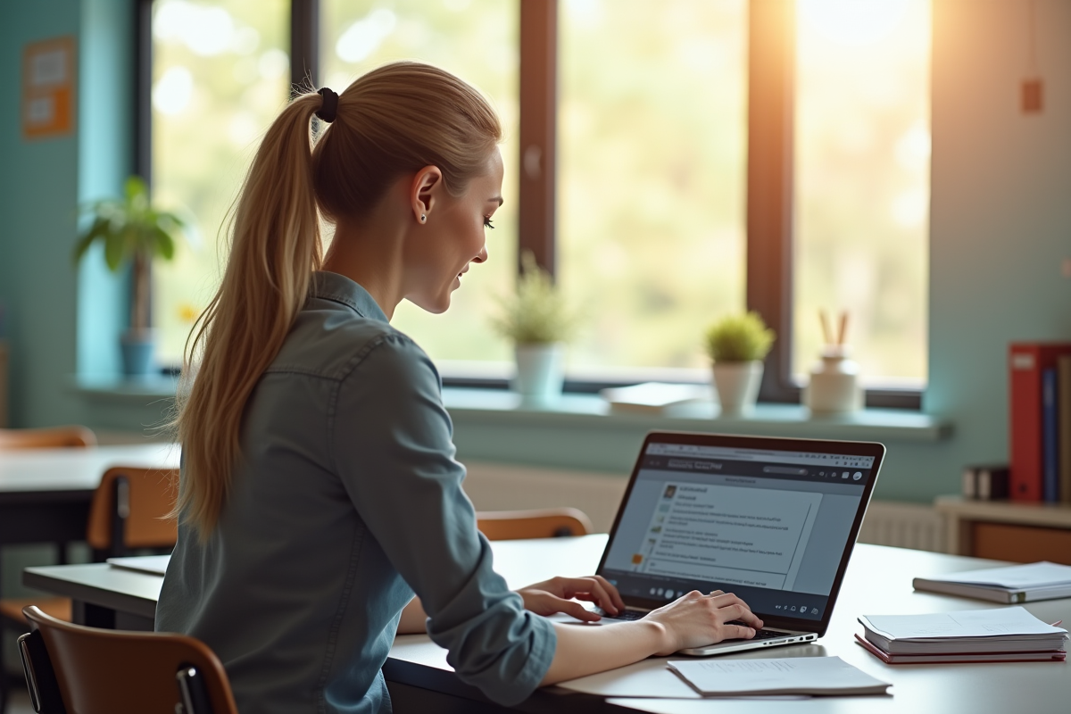 Enseignant assis à un bureau lumineux avec un ordinateur portable