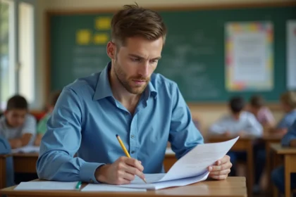 Jeune enseignant français en classe avec papiers