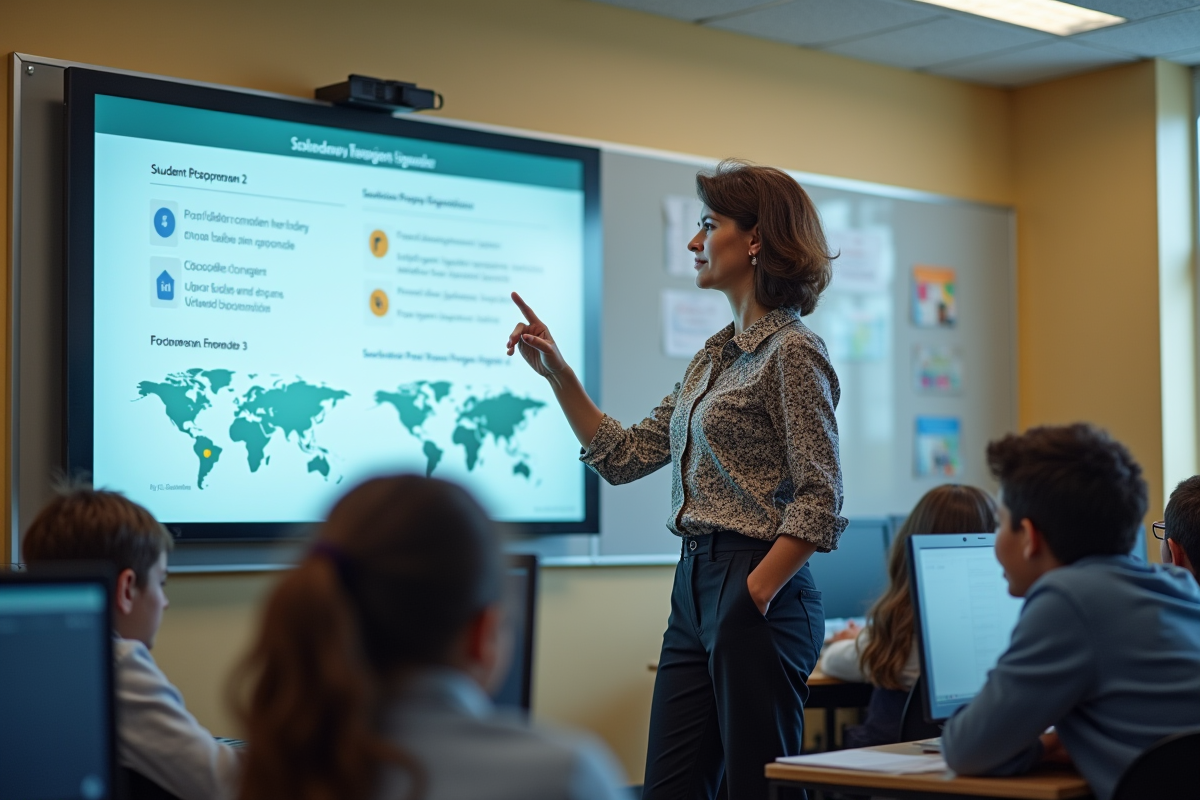 Professeure devant un tableau interactif avec élèves concentrés