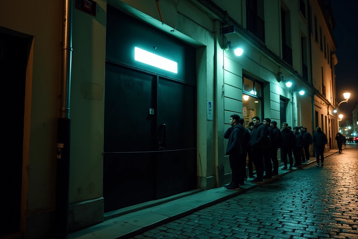Entrée extérieure d'un club techno parisien style warehouse la nuit avec file d'attente sur pavés mouillés